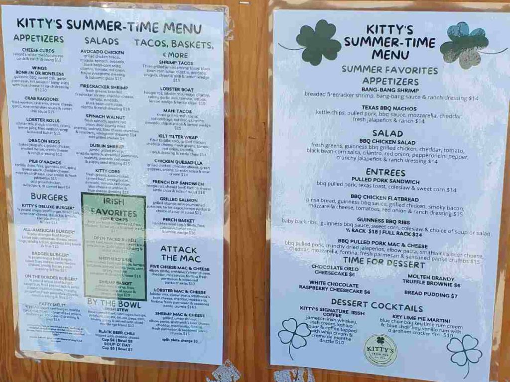 summer menu at kitty o'reilly's restaurant in sturgeon bay door county wi