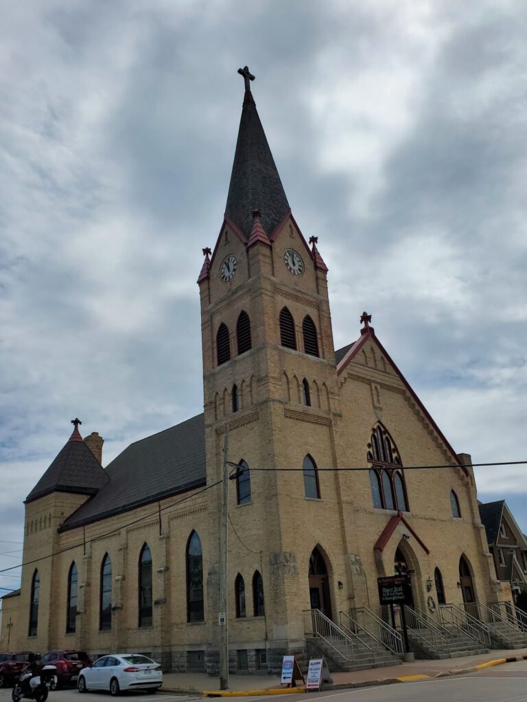 yellow brick church, Saint Paul Lutheran Church in Algoma, Wisconsin