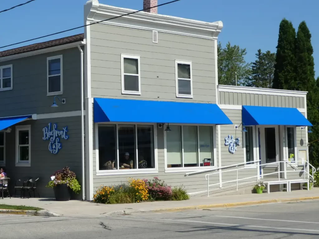 Grey building. Bluefront Cafe in Sturgeon Bay, WI