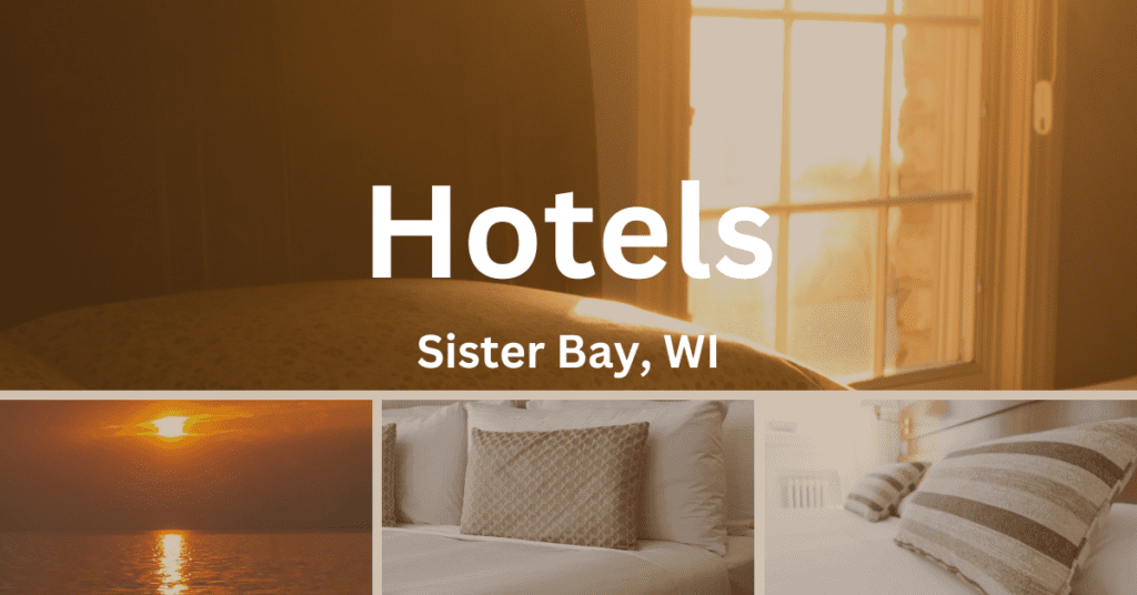 collage with hotel beds and a sunsert over the Bay of Green Bay in Sister Bay, WI