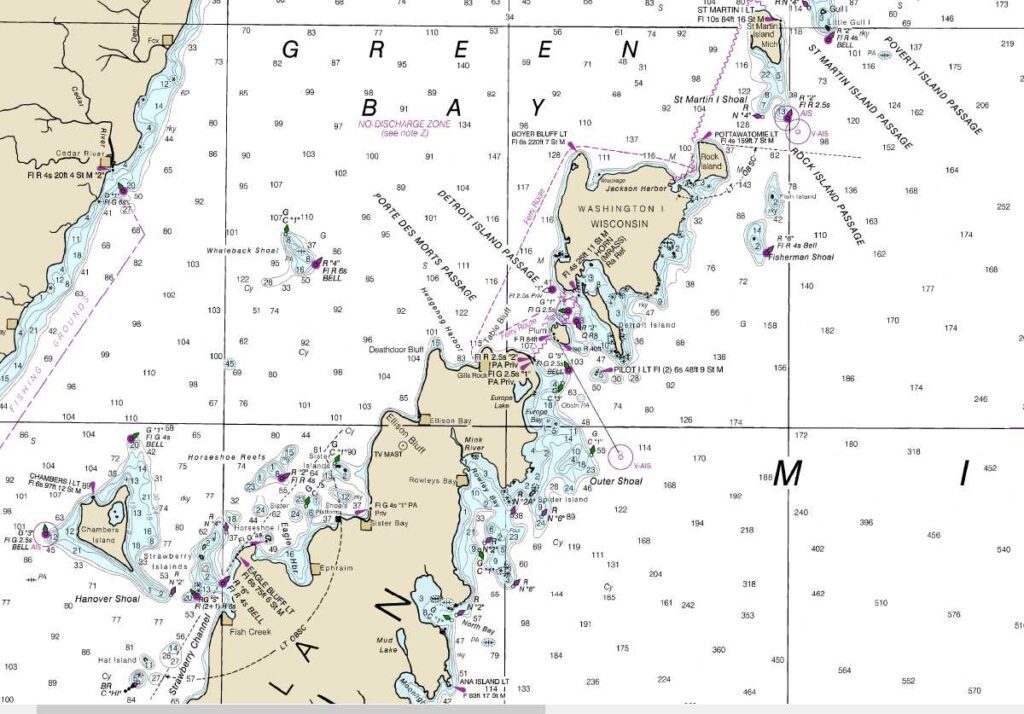 Nautical Map including the porte des mortes passage between the Door Peninsula and Washington Island