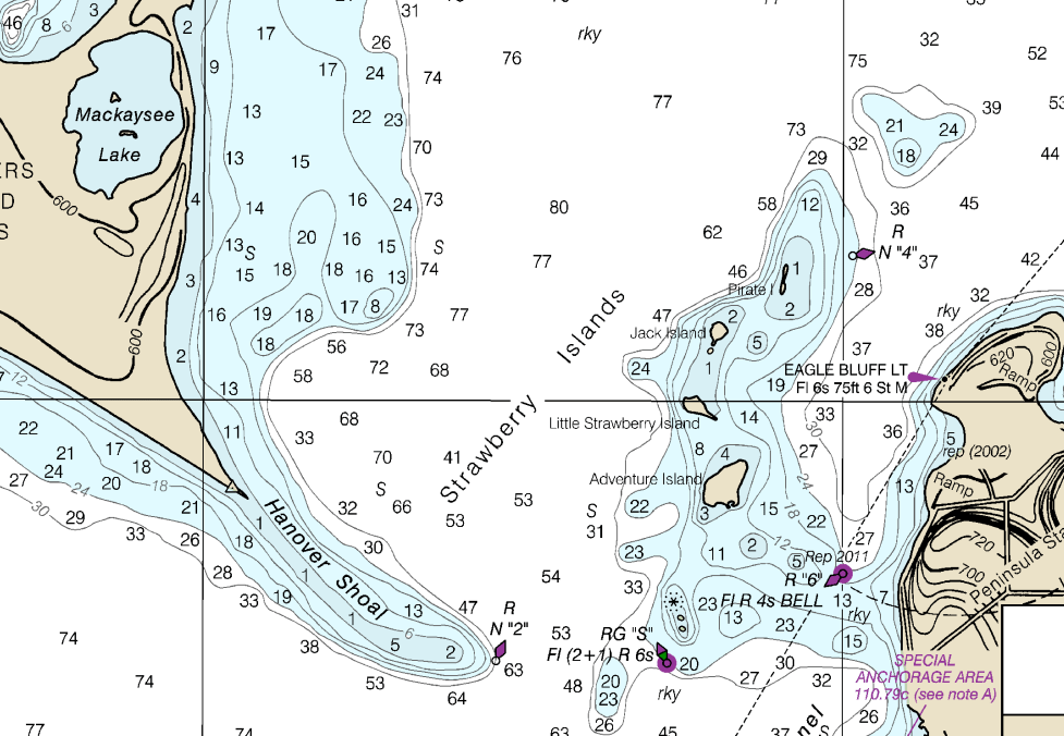 a section of a NOAA chart showing the strawberry channel and the Eagle Bluff Lighthouse