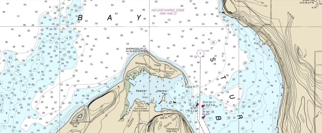 Section from a NOAA Nautical Chart showing Sherwood Point and the Sherwood Point Lighthouse location.