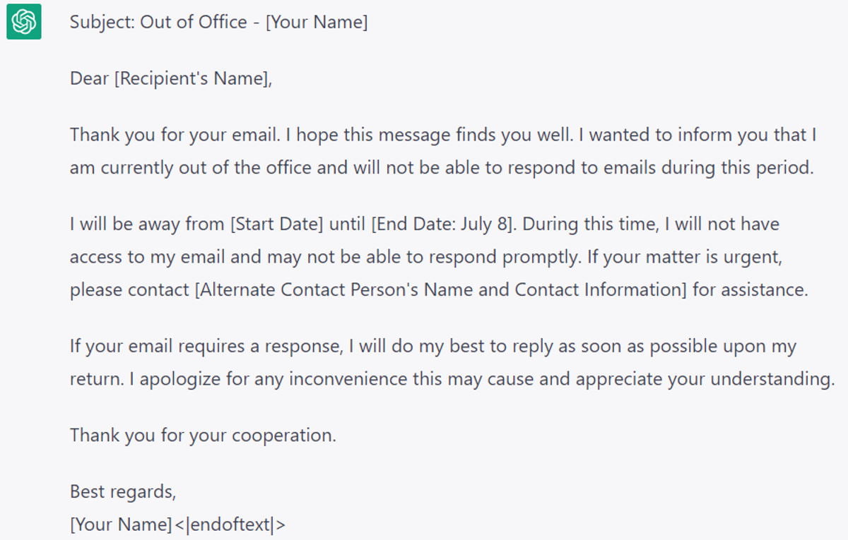 Output from ChatGPT of an out-of-office email reply