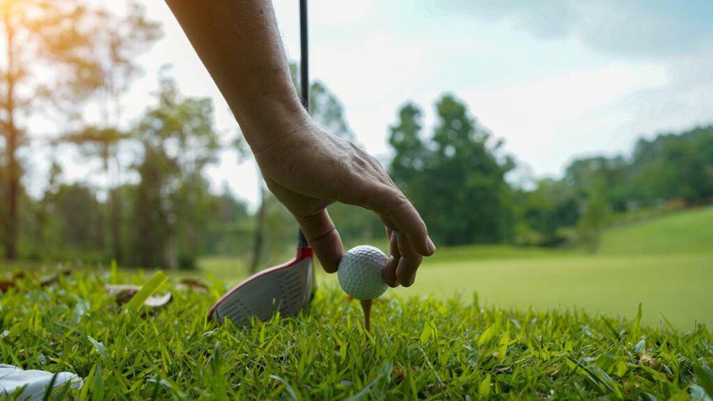 Hand hold golf ball with tee on course, golf course background. A golfer showing white golf ball in glove hand holding ,green grass nature blur background sunlight.