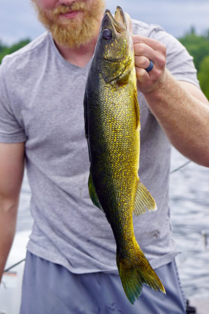 walleye being held up by a bearded man
