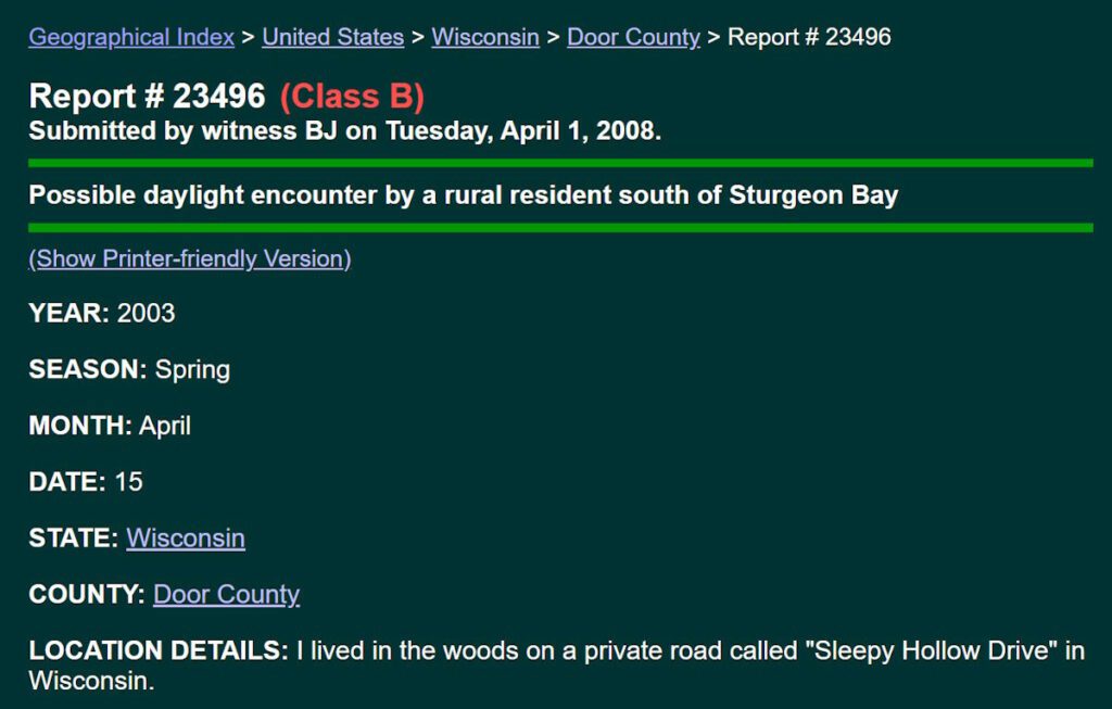 screenshot of a report of a bigfoot sighting in Door County