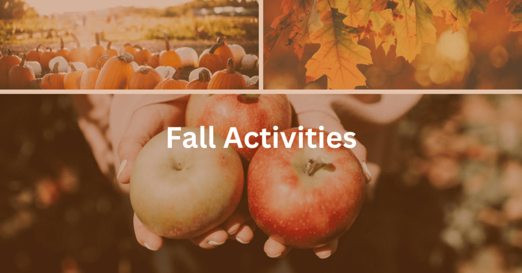 Grid with the following pictures: apples in a woman's hands, fall foliage, pumpkins. Superimposed text says: Fall Activities.