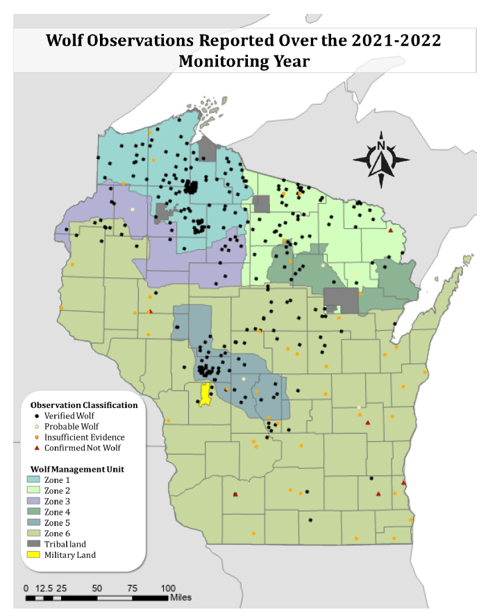 Map showing wolf observations in wisconsin.