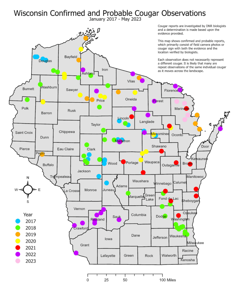 map of cougar sightings in Wisconsin