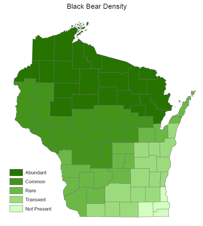 Map showing the prevalance of bears in Wisconsin.