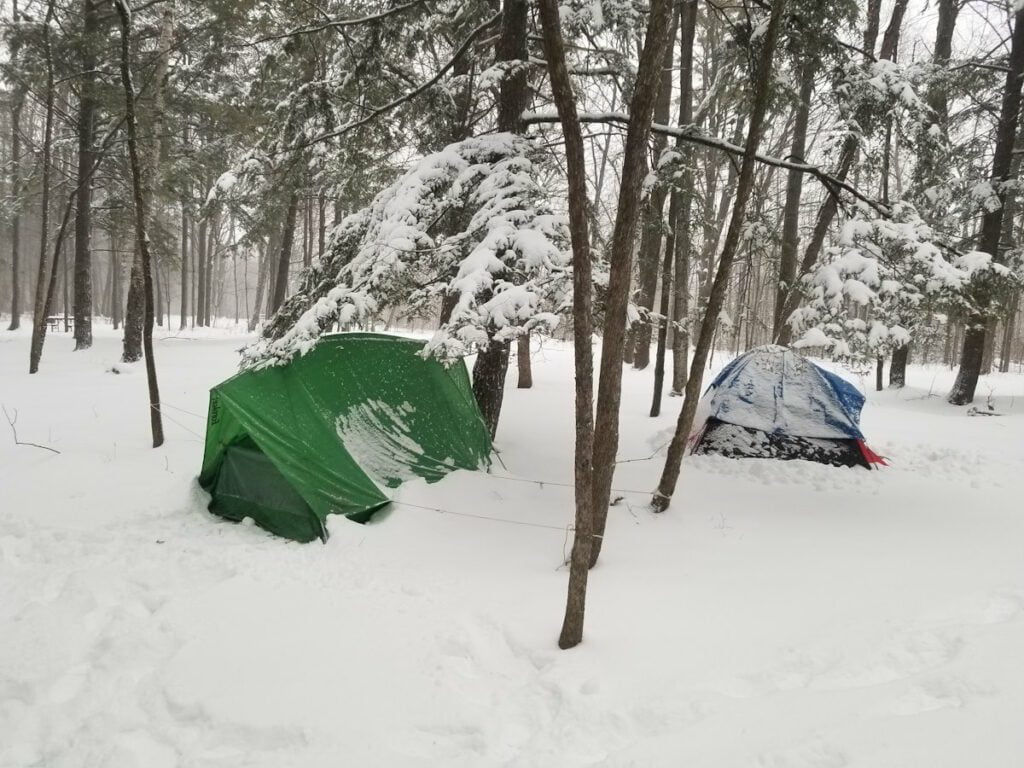 Tents in the snow in Door County, Wisconsin.