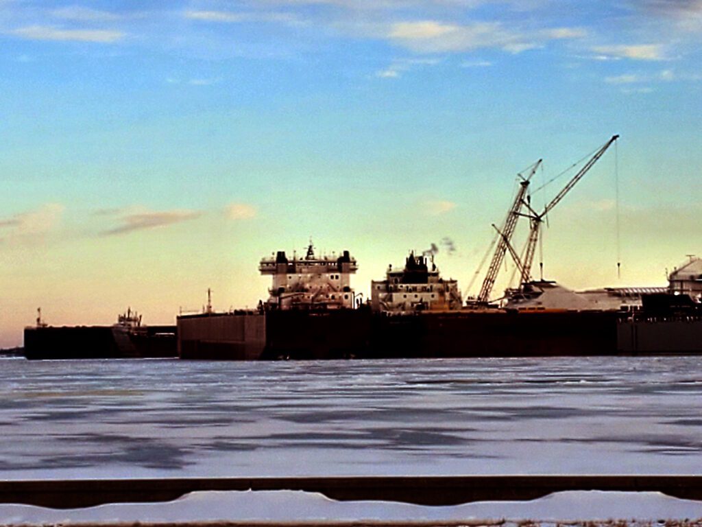 Ships in the ice of Sturgeon Bay in Door County, Wisconsin.