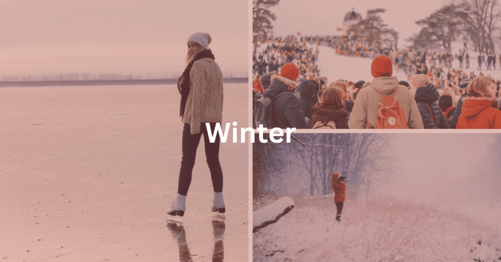 Superimposed text says: Winter. Background is a grid of images: woman on ice skate on a frozen lake, parade goers, woman taking pictures in a winter landscape