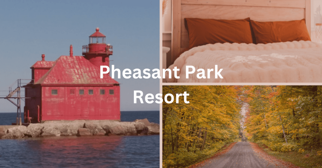 Superimposed text says: Pheasant Park Resort. Background is a grid of images including a fall road, red lighthouse, and a bed.