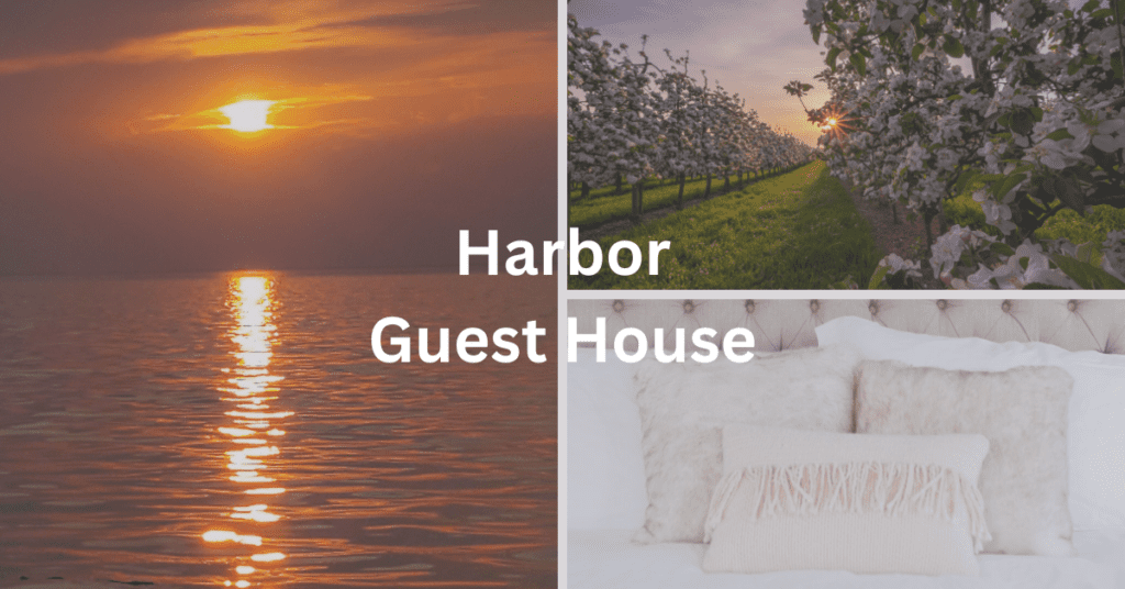 Superimposed text says, "Harbor Guest House." Background is a grid of images including a sunset over water, cherry orchard, and hotel bed.