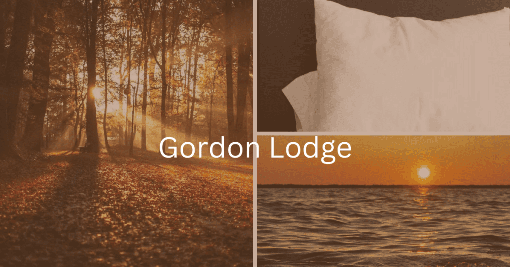 Superimposed text says: Gordon Lodge. Background is a grid of three images, including a forest scene, the sun over Lake Michigan, and hotel pillows.