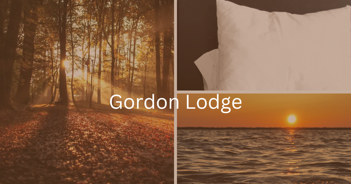 Superimposed text says: Gordon Lodge. Background is a grid of three images, including a forest scene, the sun over Lake Michigan, and hotel pillows.