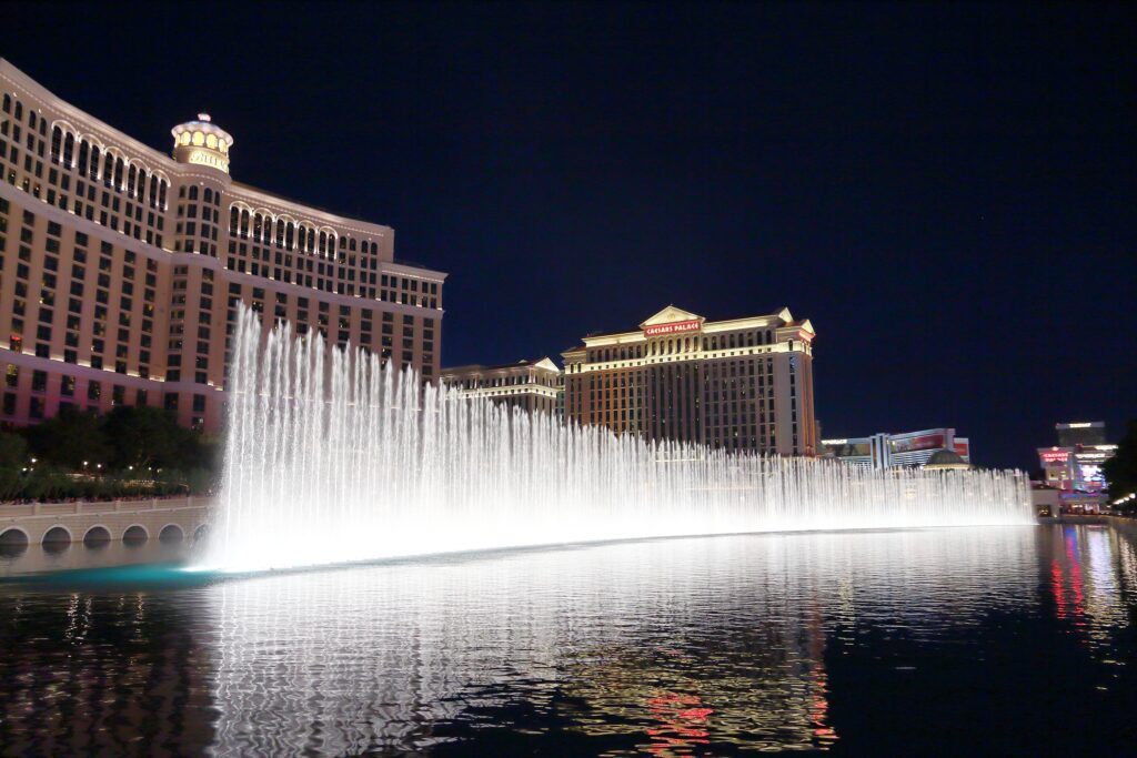 LAS VEGAS, USA - APRIL 14, 2014: Bellagio fountain show in Las Vegas. The hotel is among 15 largest hotels in the world with 3,950 and 3,960 rooms respectively.