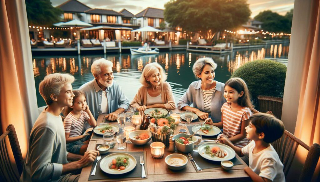 family dining at a waterfront restaurant