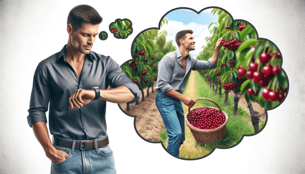 Man thinking about how long it will be until it is cherry picking season.