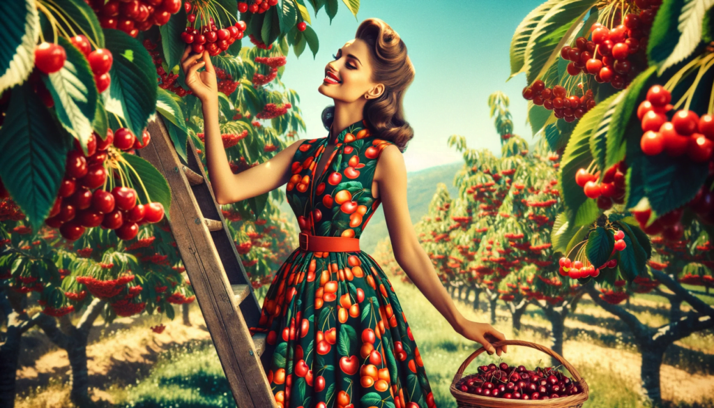 Image of a woman on a ladder in a cherry print dress, holding a basket of cherries, smiling as she picks a cherry in a cherry orchard. The image has a vintage Americana vibe.