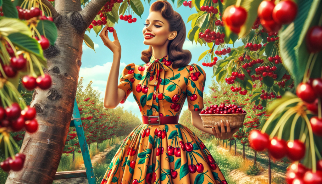 Picture of a woman in a cherry print dress picking cherries in a cherry orchard. She has a basket of cherries in her hand. The picture has a vintage Americana vibe.