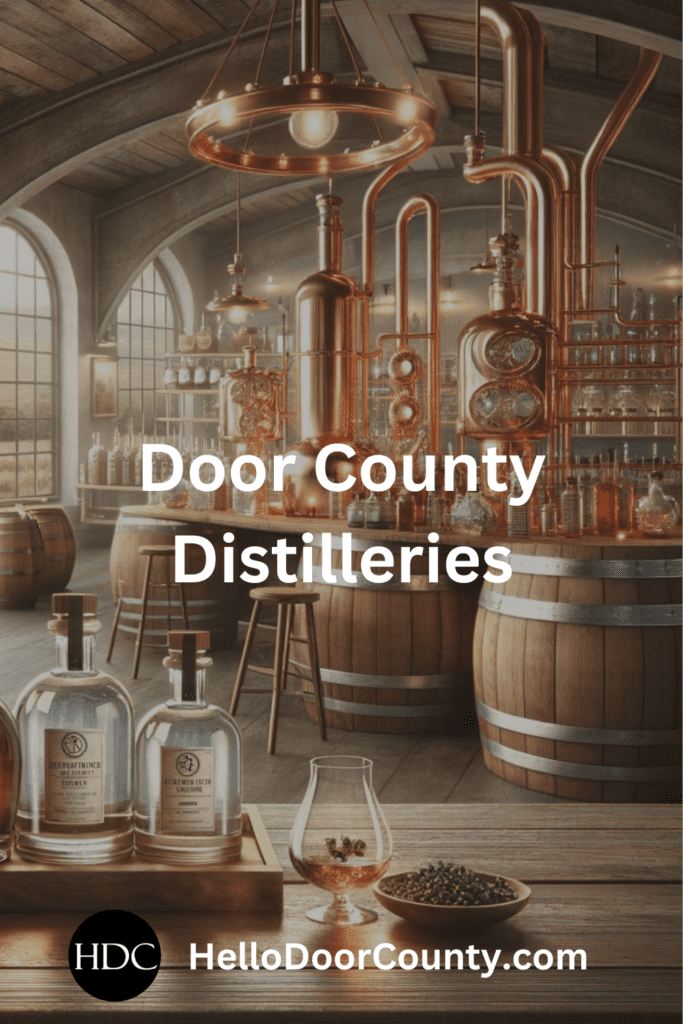 A fanciful image depicting a scene inside a Door County distillery.