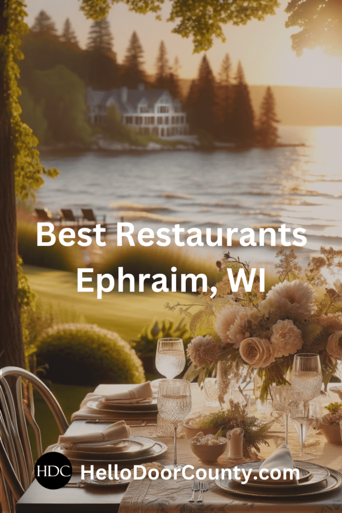 Table set for dinner by water. Superimposed text says: Best Restaurants Ephraim, WI