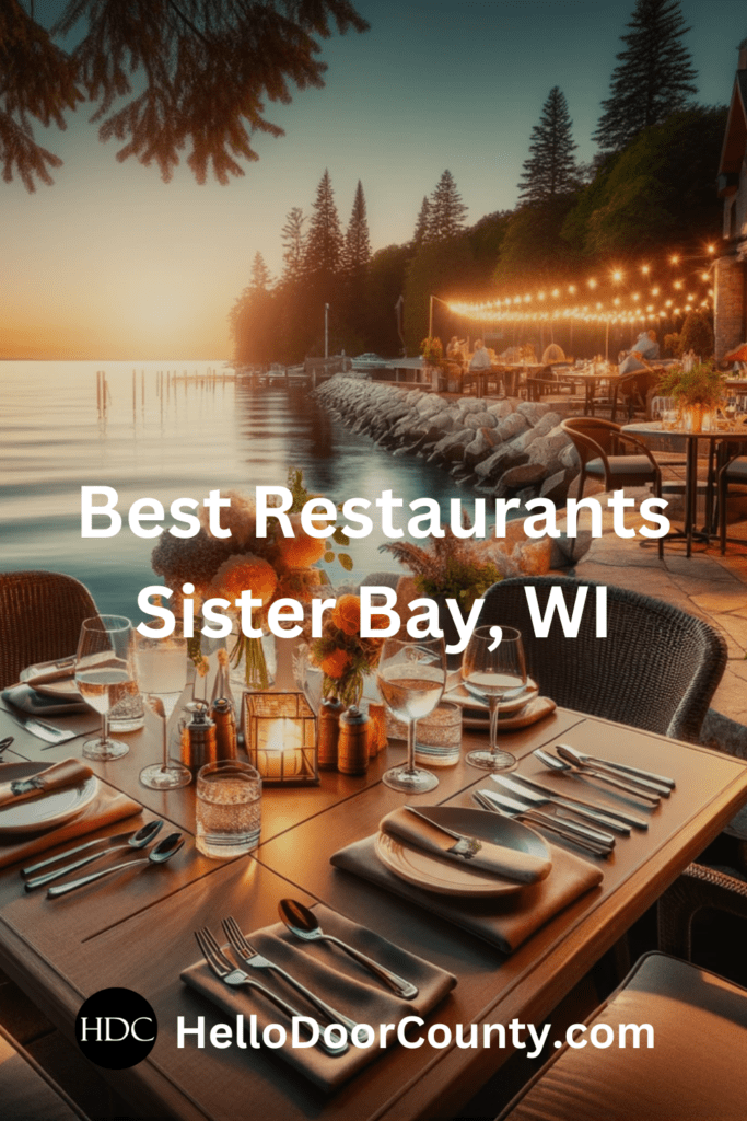 Restaurant table set for dinner in front of water with the sun setting. Superimposed text says: Best Restaurants Sister Bay, WI; HelloDoorCounty.com."