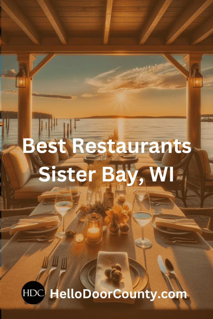 Restaurant table set for dinner in front of water with the sun setting. Superimposed text says: Best Restaurants Sister Bay, WI; HelloDoorCounty.com."