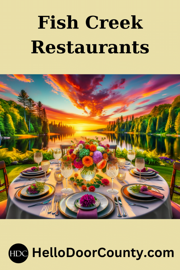 Image showing an outdoor dining scene in front of water and a sunset. Text says: Fish Creek Restaurants.