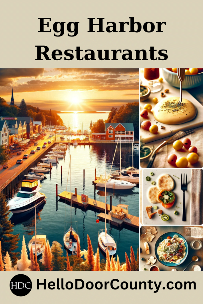 Collage with multiple images inspired by dining in Egg Harbor. Text says: Egg Harbor Restaurants.