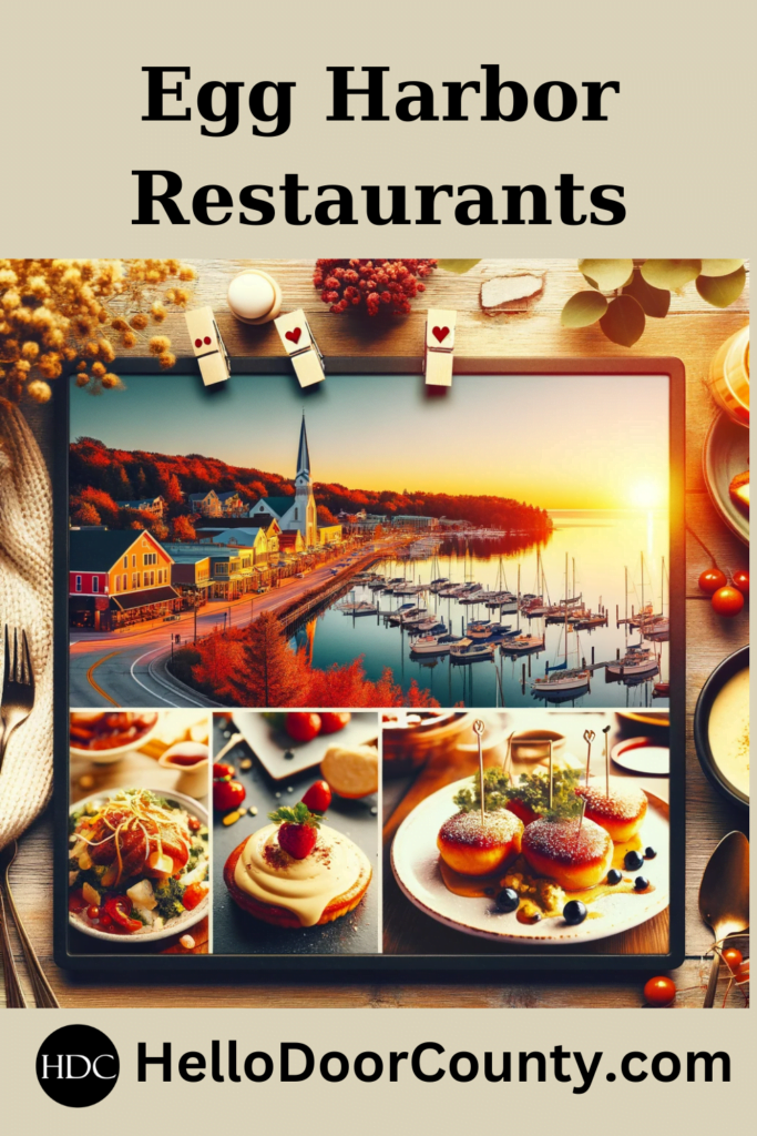 collage with multiple pictures inspired by dining in Egg Harbor, WI. Text says: Egg Harbor Restaurants