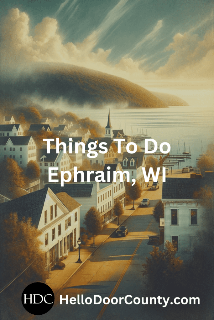 White clapboard buildings in front of a body of water. Superimposed text says: Things To Do Ephraim, WI