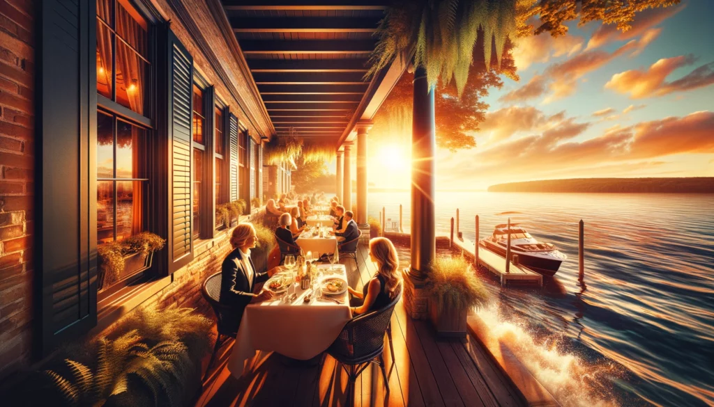 people dining at a waterfront restaurant in Door County, Wisconsin.