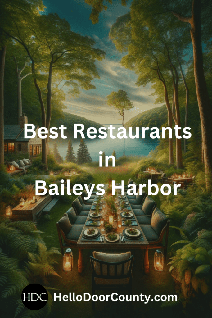 Outdoor dining scene in front of water. Superimposed text says: "Best Restaurants in Baileys Harbor."