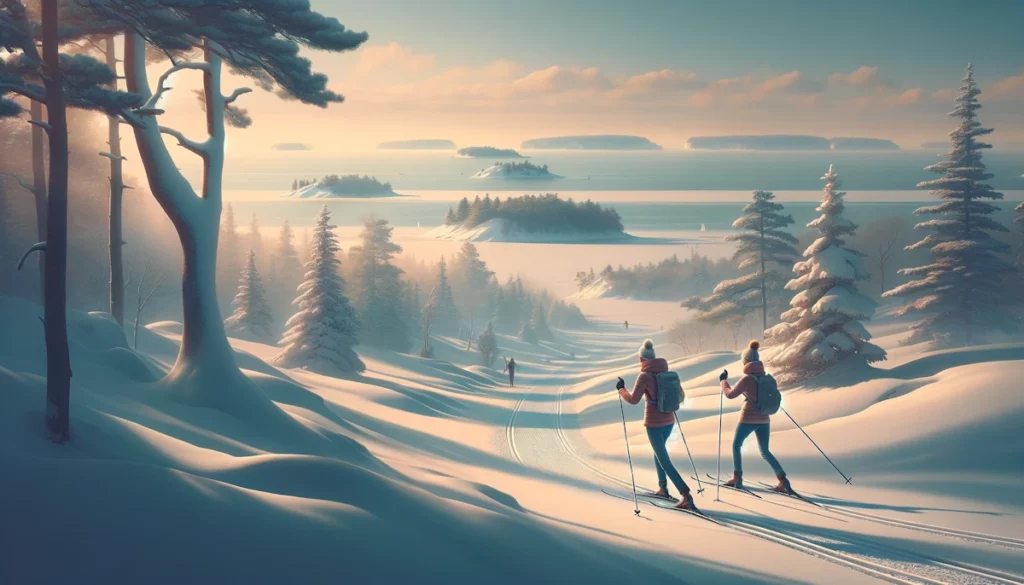 Cross-country skiers in a Door County winter landscape.