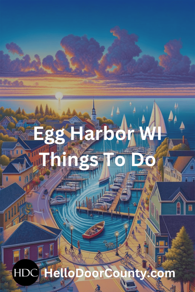 Scene of people taking part in various things to do in a lakside setting. Superimposed text says, "Egg Harbor WI Things To Do."