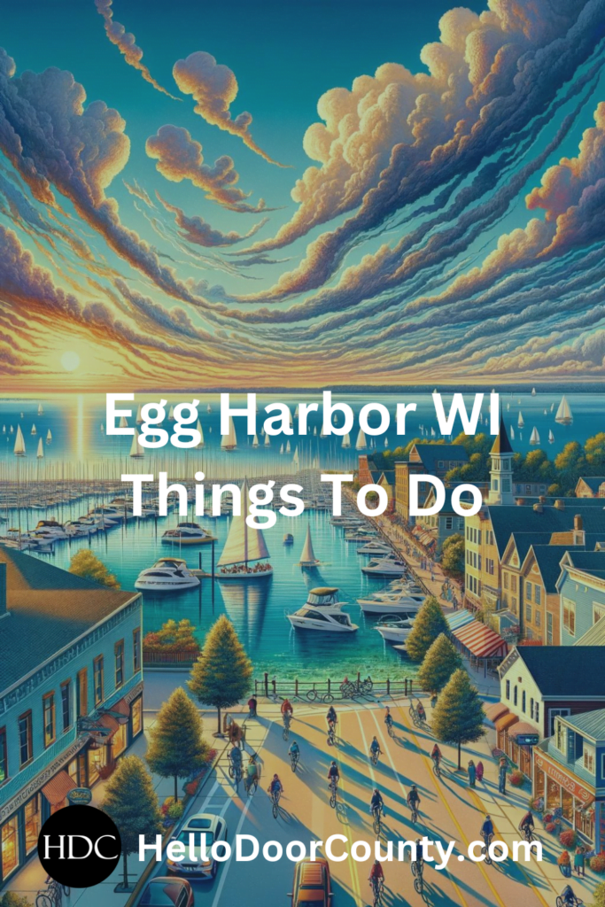 depiction of a lakeside town. Superimposed text says "Egg Harbor WI Things To Do"