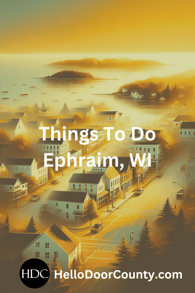 white clapboard buildings in front of a body of water. Superimposed text says "Things To Do Ephraim, WI."