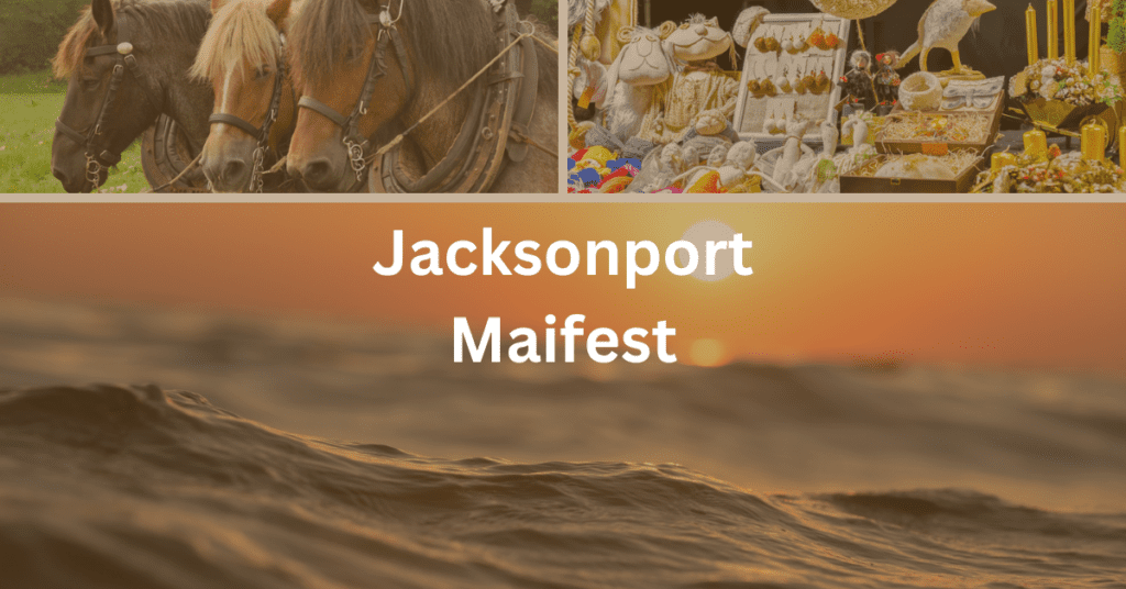 Grid featuring sunset over the water, belgian draft horses prepared for a horse pull, and items in a craft fair. Superimposed text says "Jacksonport Maifest."