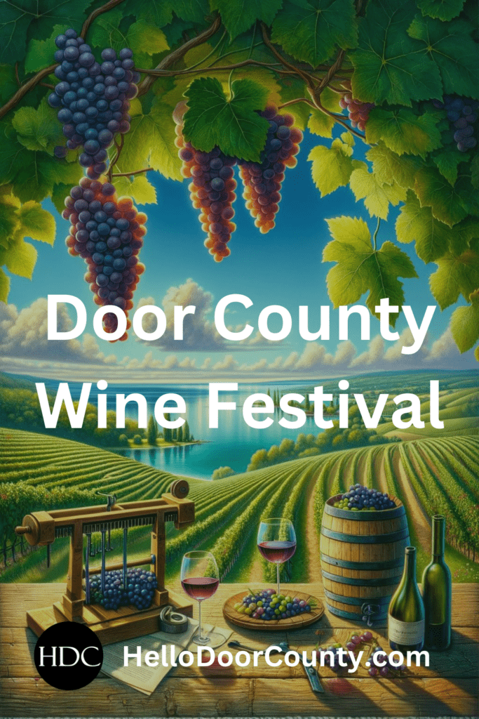 Grapes, wine bottles, and wine glasses on a table overlooking a vineyard and water scene. Superimposed text says: Door County Wine Festival.