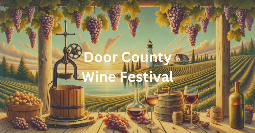 Scene depicting items associated with wine, such as a vineyard, a wine press, grapes, and wine glasses, in front of water. Superimposed text says: Door County Wine Festival