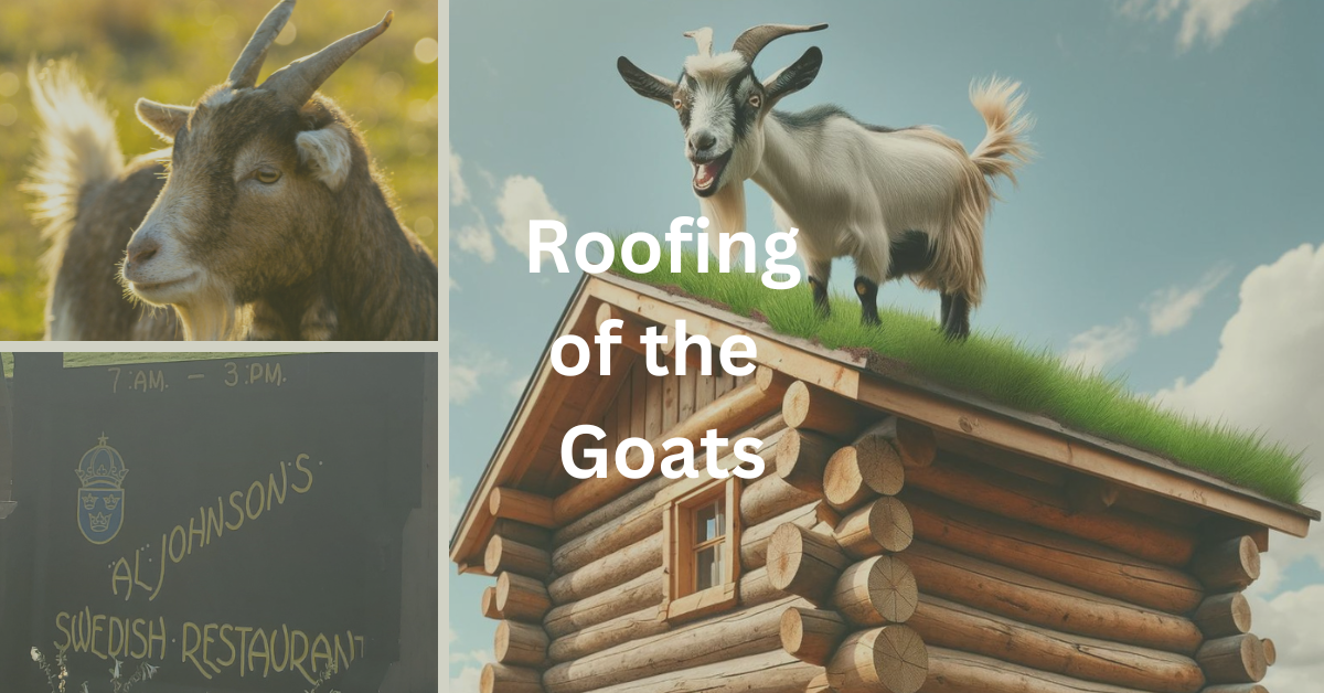Grid with images of a goat on a sod roof, a solitary goat, and the sign for Al Johnson's Swedish Restaurant. Superimposed text says: Roofing of the Goats.