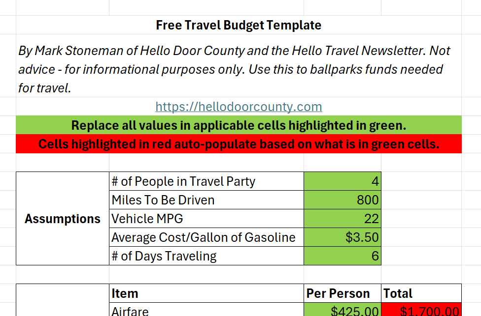 Screenshot of free excel travel budget template