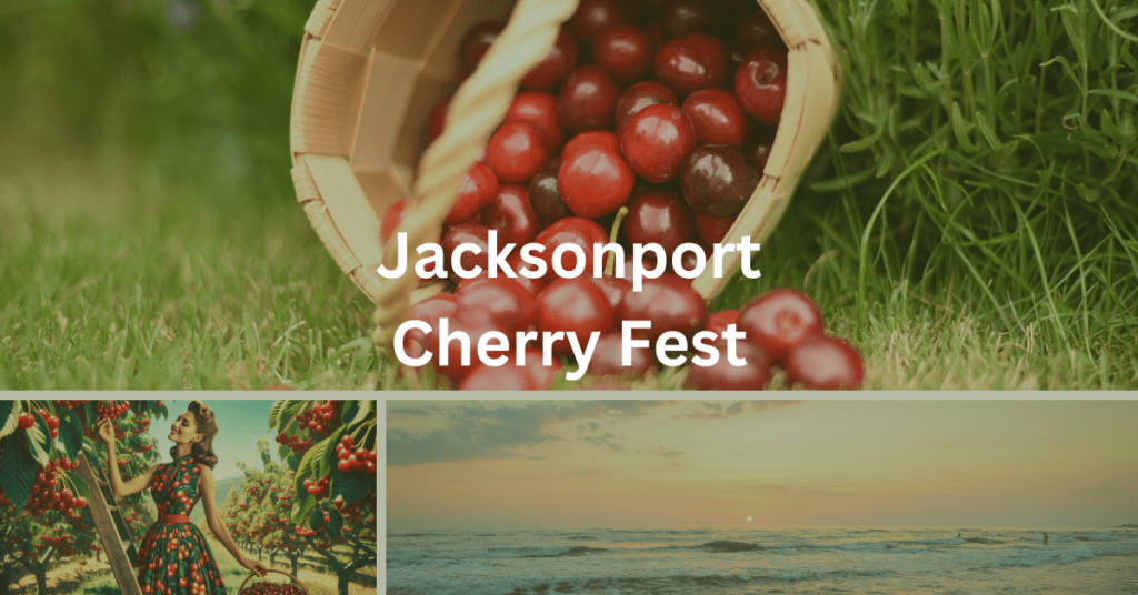 Grid consisting of cherries falling out of a basket, a woman picking cherries, and the Lake Michigan shoreline. Superimposed text says: Jacksonport Cherry Fest