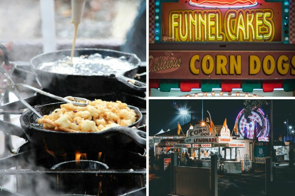 Grid of images including funnel cake, sign advertising food, and food stands on a carnival midway at the Door County Fair.