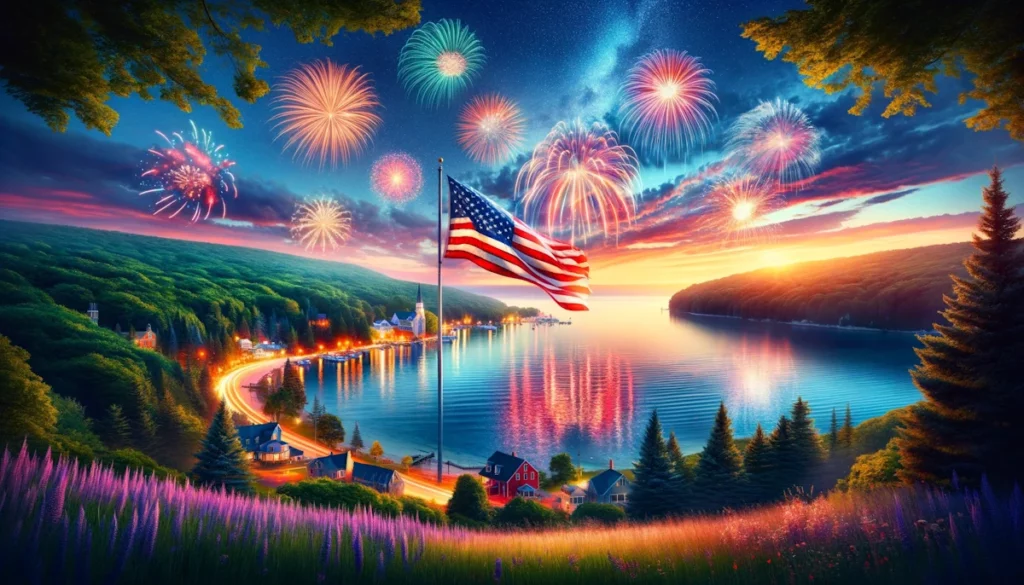 American flag, fireworks over the water in Door County, Wisconsin.