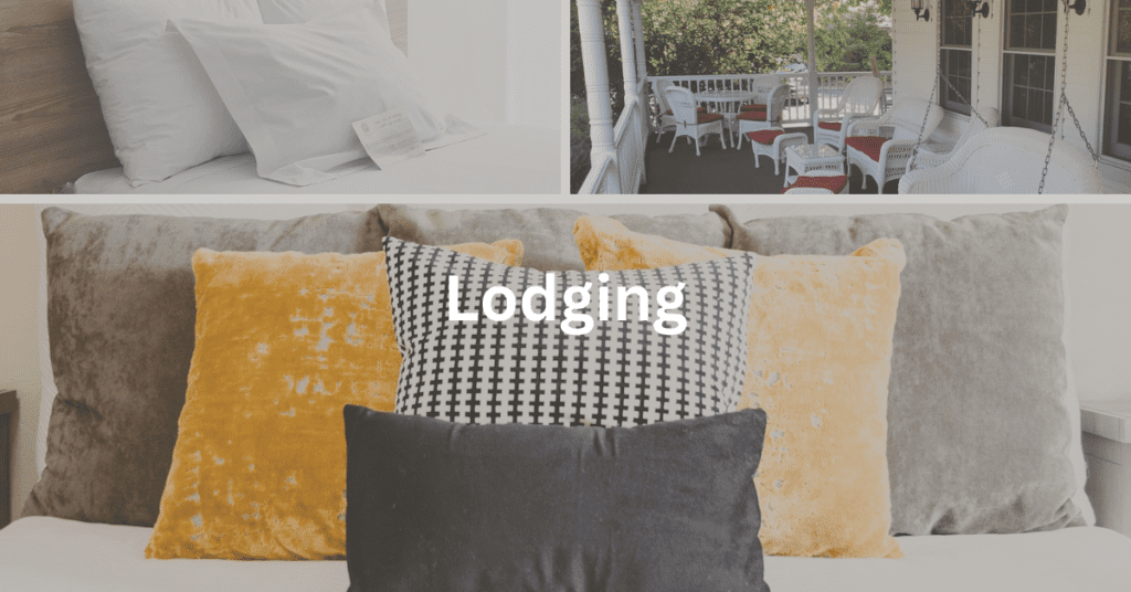 Grid of images including a hotel porch, and two hotel beds. Superimposed text says: lodging